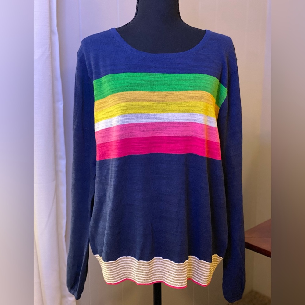 Trina Turk Multi-Colored Stripe “Reserved Sweater” Lantern Sleeve Lightweight